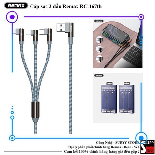 Cáp sạc nhanh Remax-761* 3 đầu jack chữ L 1m dây dù chính hãng