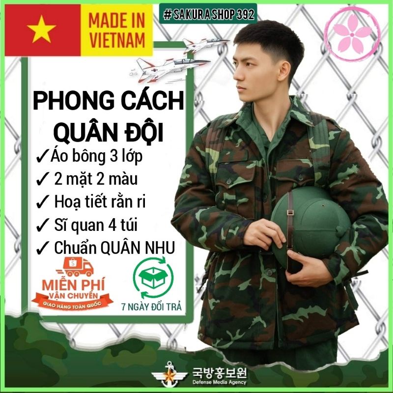 Áo khoác bông rằn ri 3 lớp 2 mặt phong cách quân đội