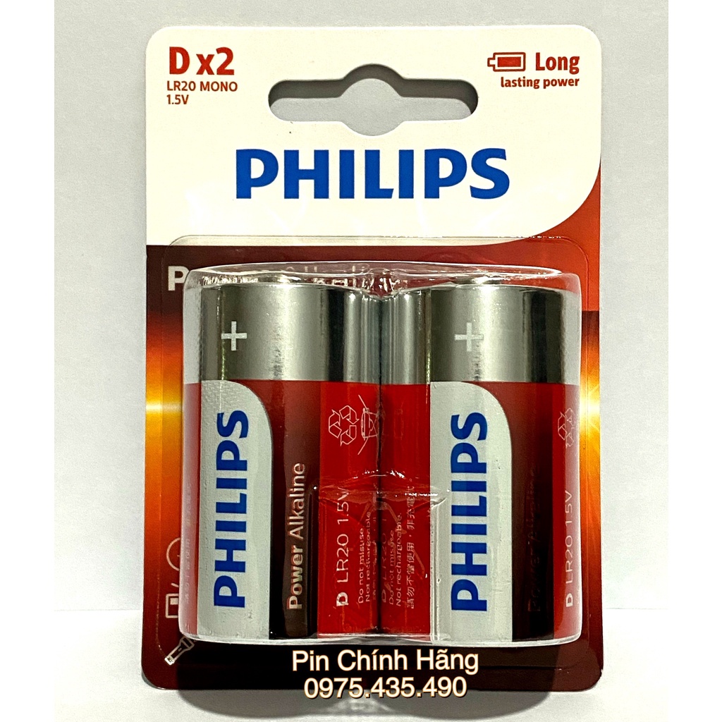Pin Đại Philips Alkaline Siêu Bền LR20 (Size D) Dùng Cho Đồng Hồ Cây / Bếp Ga / Đài Hàng Chính Hãng Vỉ 2 Viên