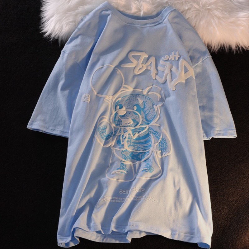 Áo phông nam nữ form rộng 2N Unisex thun cotton in The bear xanh/hồng