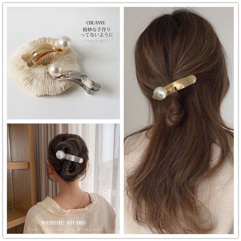 Kẹp Tóc Mỏ Vịt Bằng Kim Loại Cỡ Lớn Đính Ngọc Trai Cao Cấp Kiểu Pháp