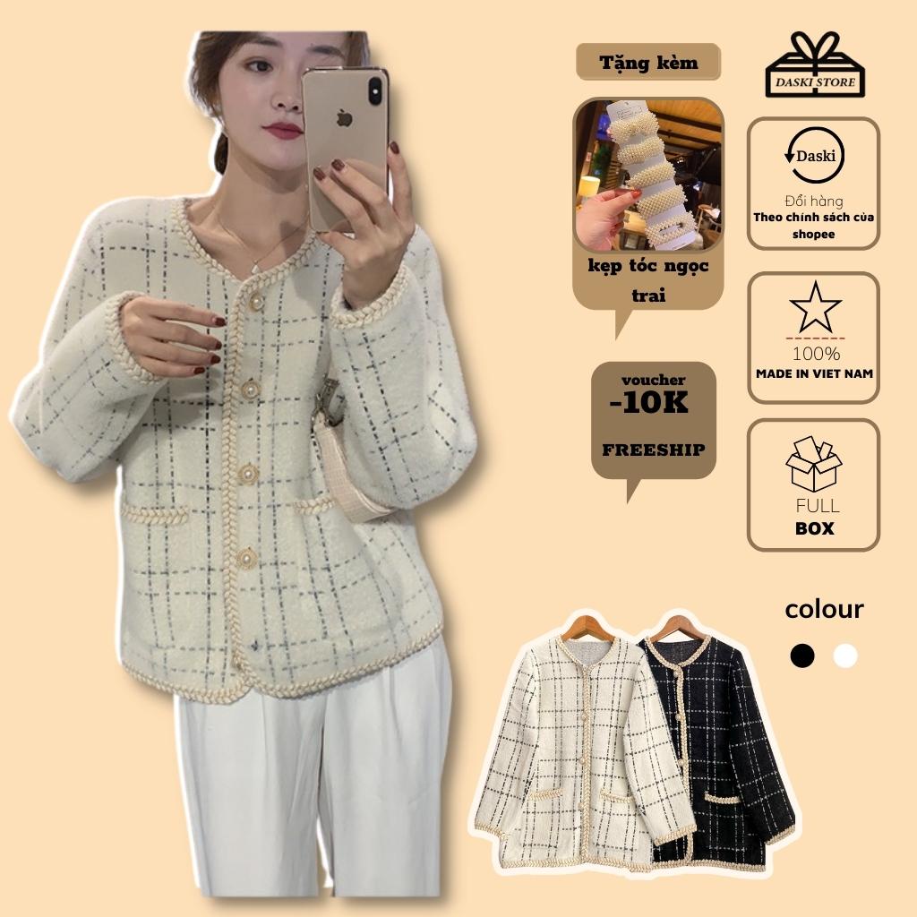 Áo Khoác Cadigan Len - Áo khoác dạ len kẻ nữ 2 màu Daski
