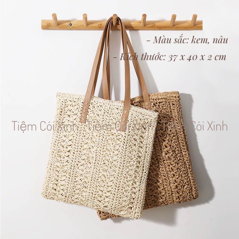 Túi Cói Tote Vintage Đi Biển Đeo Vai Dáng Chữ Nhật Dây Da Lót Vải Và Dây Kéo Gấp Gọn Dễ Dàng