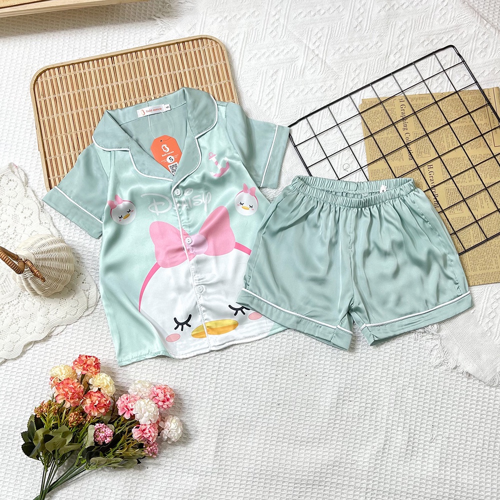 Bộ Đồ Ngủ Pijama Lụa Cộc Tay In Hoạt Hình 3D Dễ Thương Từ Lụa Satin Dành Cho Bé Gái Size 13-35kg - BPN35 - Babi mama