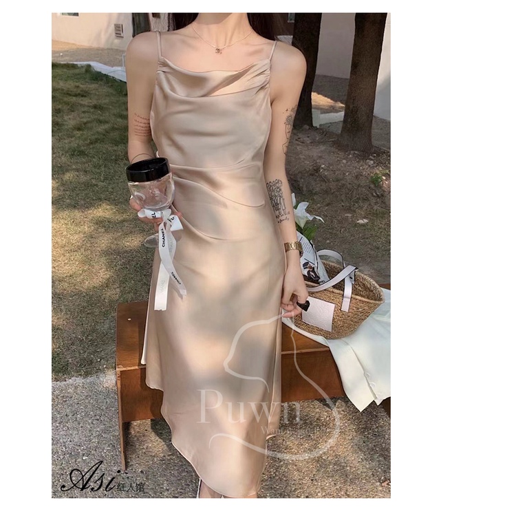 Váy lụa hai dây vạt chéo xếp li eo dự tiệc, prom quyến rũ, bí ẩn, sexy Puwn Shop