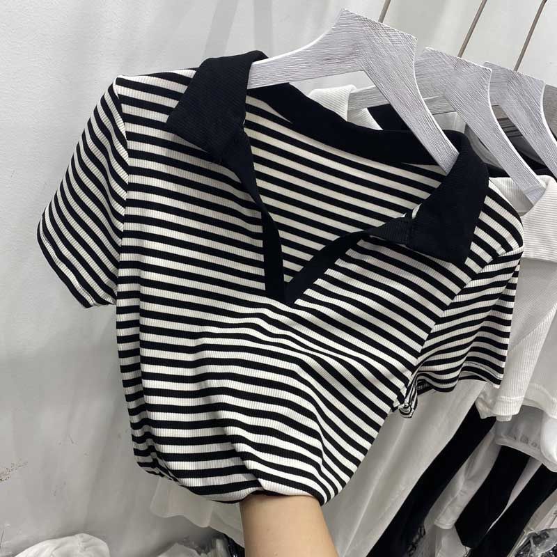 Áo Thun POLO Cổ Chữ V Tay Ngắn Họa Tiết Kẻ Sọc Quyến Rũ Thời Trang Mùa Hè Hàng Mới Dành Cho Bạn Nữ 2022