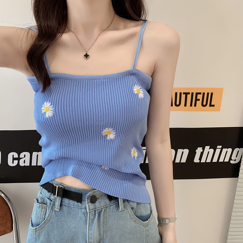 Áo hai dây ZHELIHANGFEI vải dệt kim thêu họa tiết hoa cúc xinh xắn