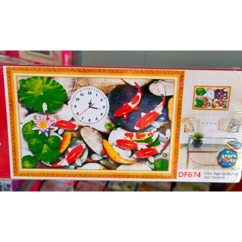Tranh đính đá Đồng Hồ Cửu Ngư Quần Hội DF674 (75x50) chưa đính