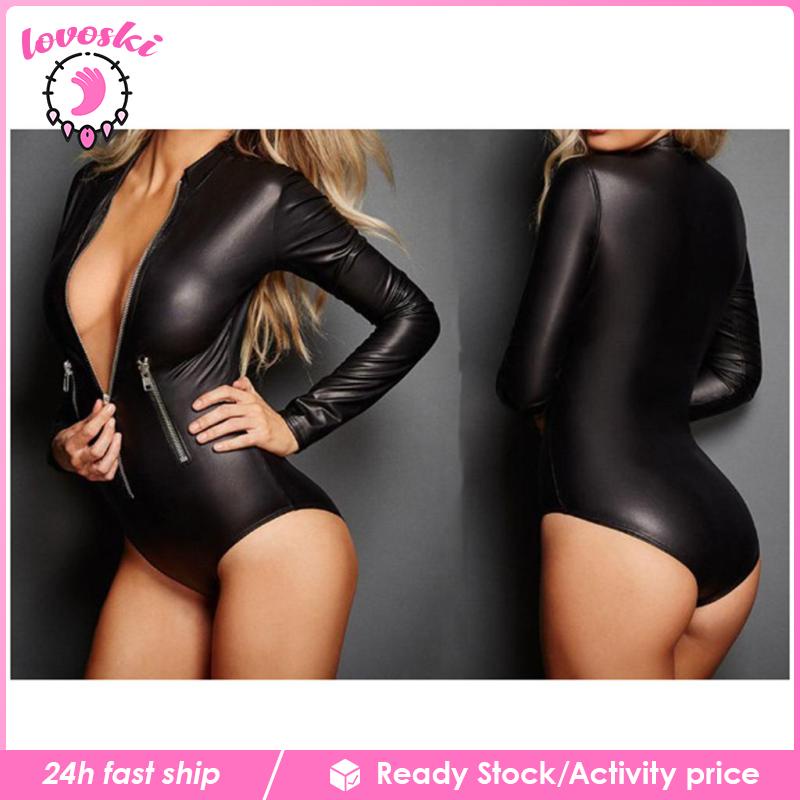 Áo liền quần nữ bằng da PU ôm dáng phối khóa kéo quyến rũ cá tính