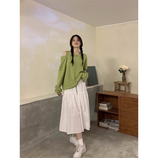 Áo Thun Tay Dài Cổ Tròn Hở Vai Dáng Rộng Thời Trang Mùa Thu Phong Cách Hàn Quốc 2 Màu Tùy Chọn Cho Nữ | BigBuy360 - bigbuy360.vn