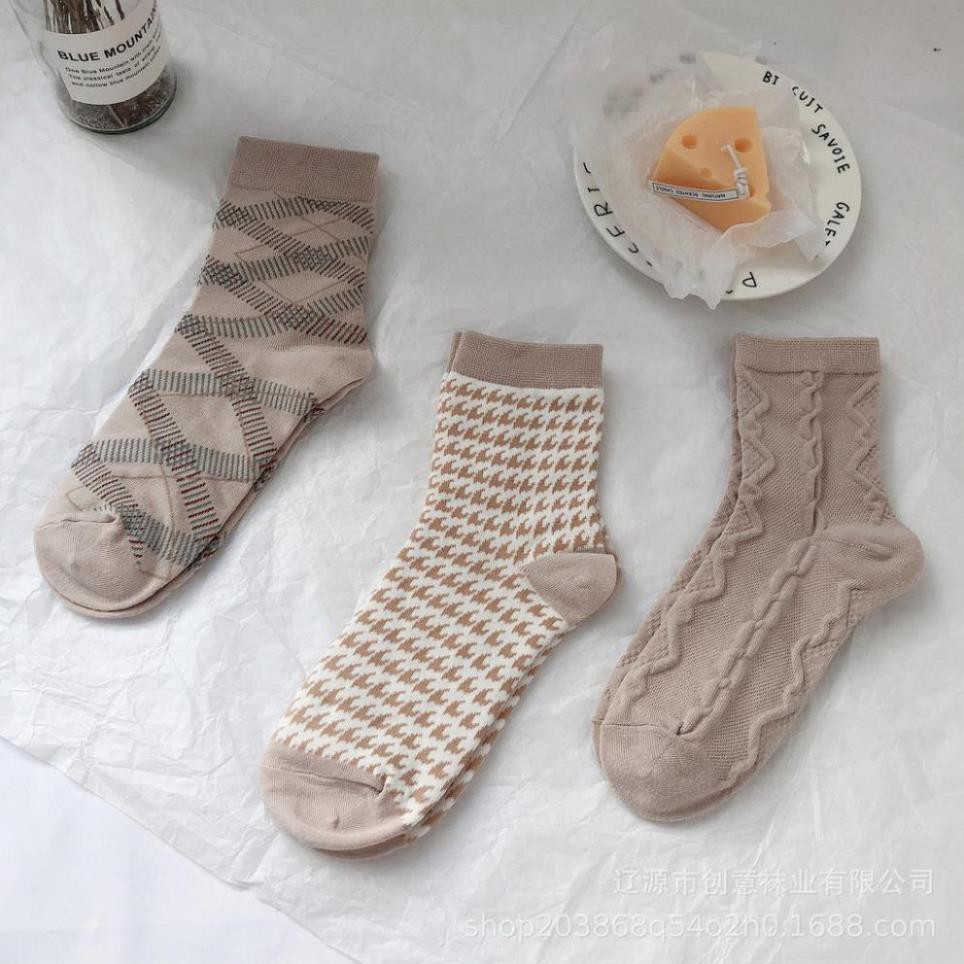 Tất cổ cao nữ In hình Họa tiết Kẻ sọc Houndstooth Dễ thương Hàn Quốc Vớ cao cổ nữ Cute Cotton Thu Đông Nhật Bản