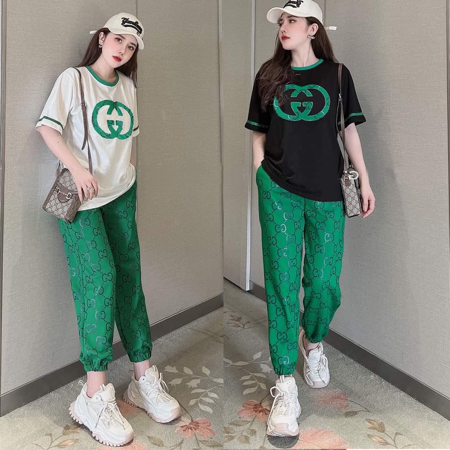Đồ bộ thun cotton phối thun lạnh form rộng họa tiết (2 màu đen, trắng phối xanh)