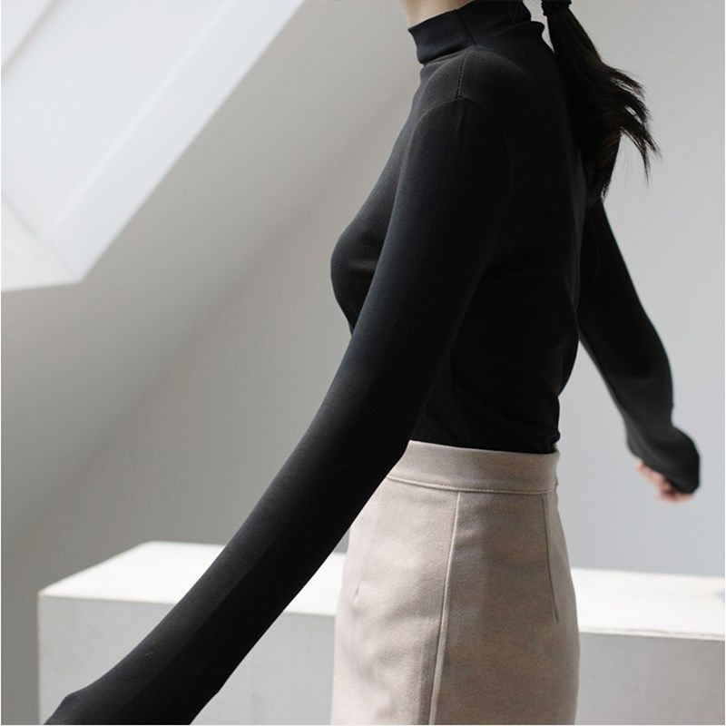 Cổ áo cao nửa lưng phối cùng sơ mi nhung nữ xuân thu 2021 phiên bản Hàn Quốc với thun dài tay sát nách sinh viê