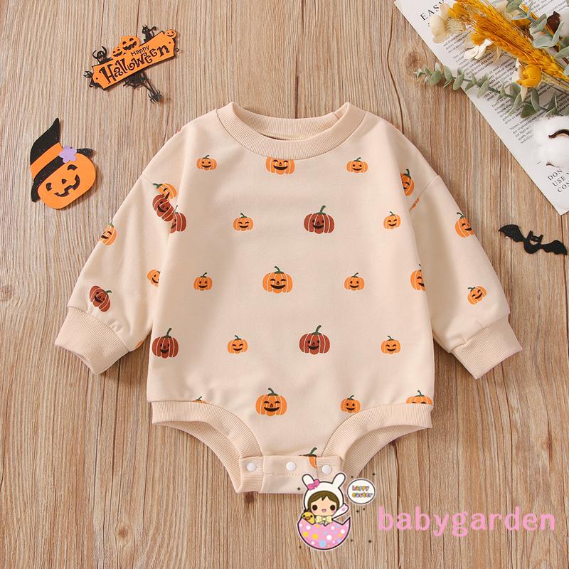 Áo Liền Quần Tay Dài Cổ Thuyền In Hình Bí Ngô Halloween Cho Bé 3-18 Tháng Tuổi