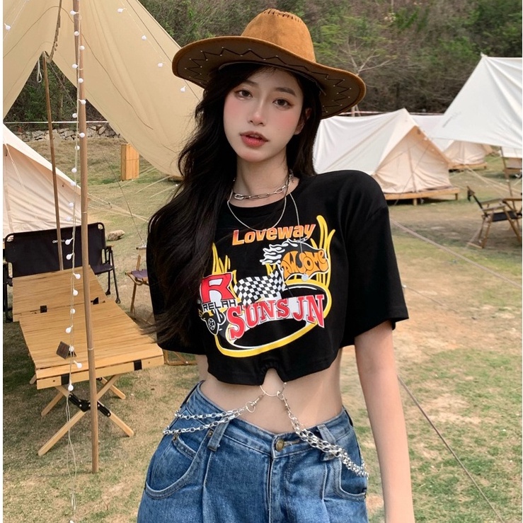 Áo Thun Lửng Instagram Quyến Rũ Dễ Phối Đồ Cho Nữ Áo Thun Tay Ngắn Màu Đen Thời Trang Cho Nữ