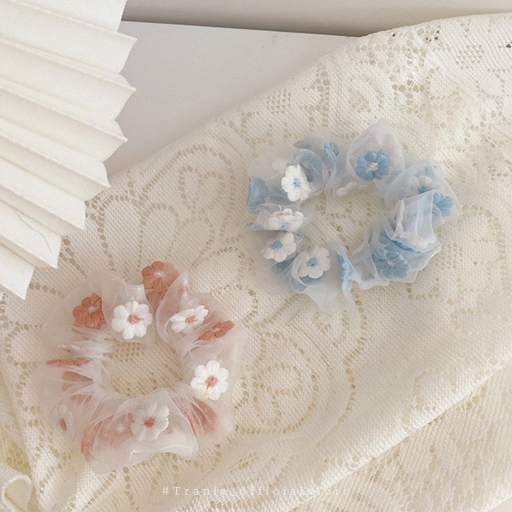 Buộc tóc scrunchies cao cấp hoạt tiết phối hoa