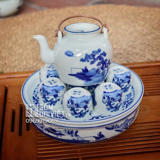 Bộ ấm chén men lam cổ Bát Tràng ông lão đánh cá khay tròn