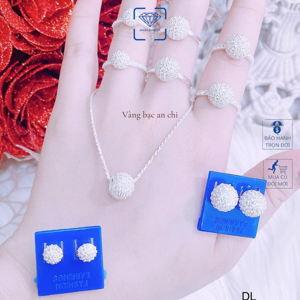 Bộ dây chuyền - nhẫn - bông tai mặt cầu tròn đính đá, chuẩn bạc ta bóng đẹp, Anchi jewelry