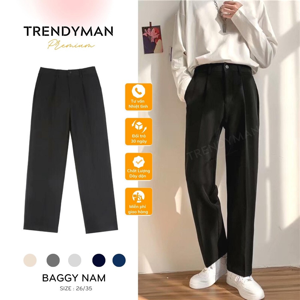 Quần âu nam hàn quốc dáng baggy suông đen, kem vải dày dặn co giãn tốt thương hiệu Trendyman QBG