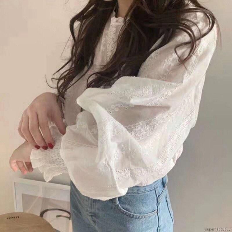 Áo kiểu Chiffon ren tay phồng màu trơn ngọt ngào cho nữ