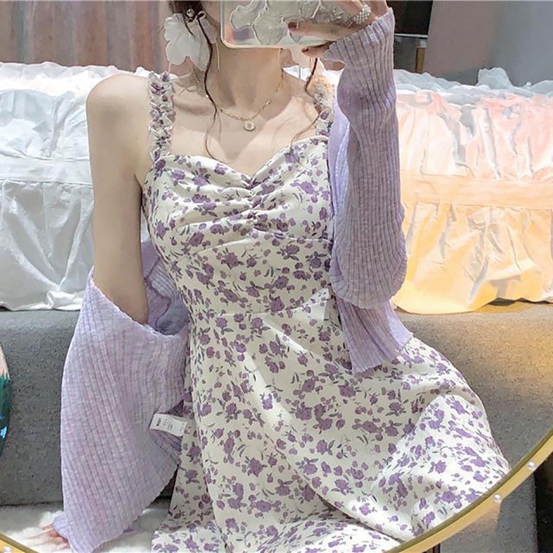 Áo khoác/ Đầm hai dây IELGY vải voan dáng ôm in hoa màu tím thời trang
