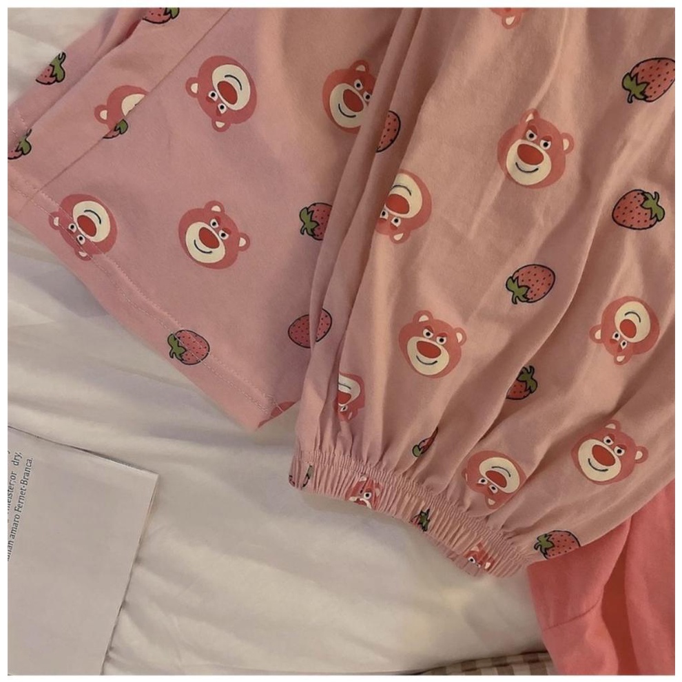 Bộ Đồ Ngủ Tay Dài In Hình Gấu Và Dâu Tây Dễ Thương Phong Cách Nhật Bản Thời Trang Xuân Thu Cho Nữ