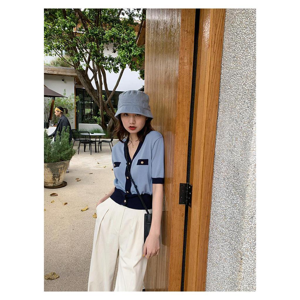 Áo dệt kim SUXI tay ngắn ôm dáng cổ V gợi cảm thanh lịch cho nữ