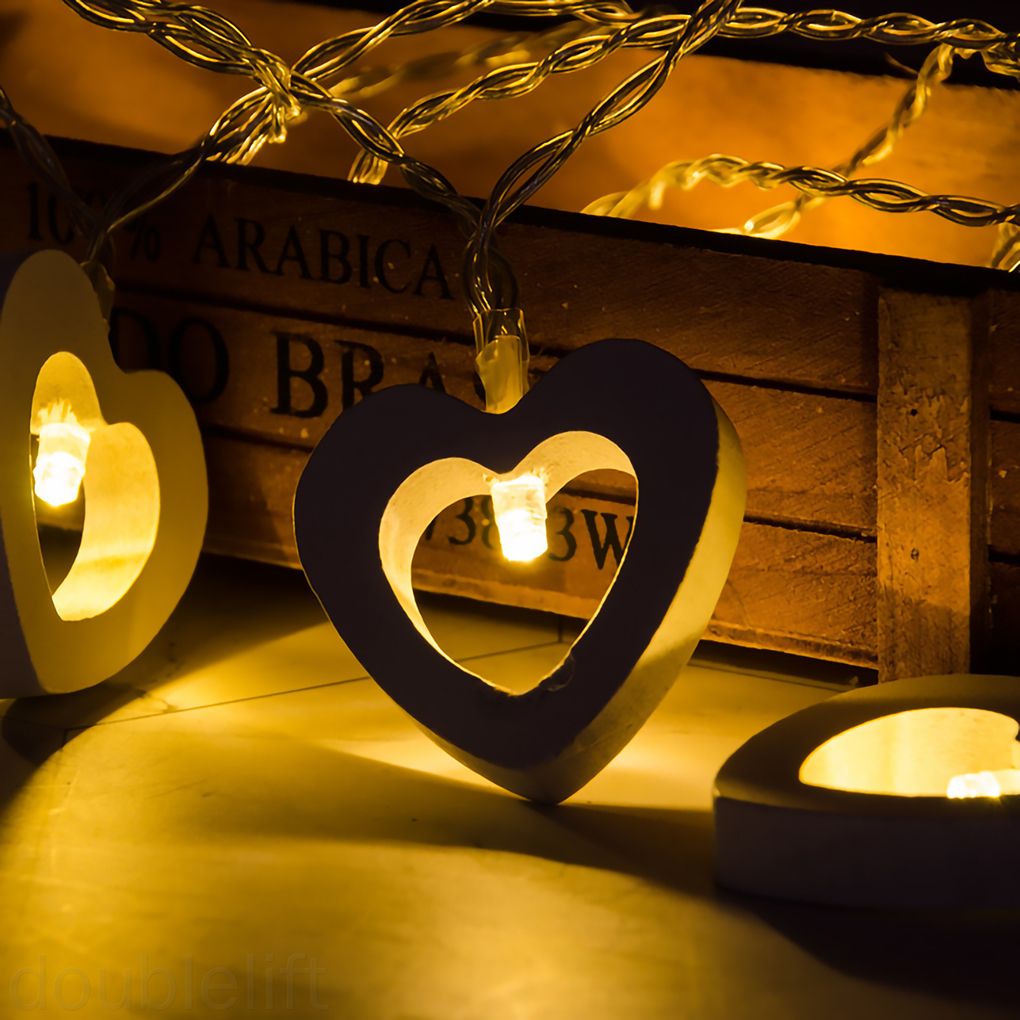 String Light Wooden Heart Shape String 10LED Hanging Warm Light Chain for Home Party Decoration doublelift store