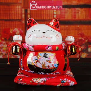 Mèo thần tài Đa Phú Quý màu đỏ 25cm giơ 2 tay chuông vàng tài lộc gốm sứ Maneki neko