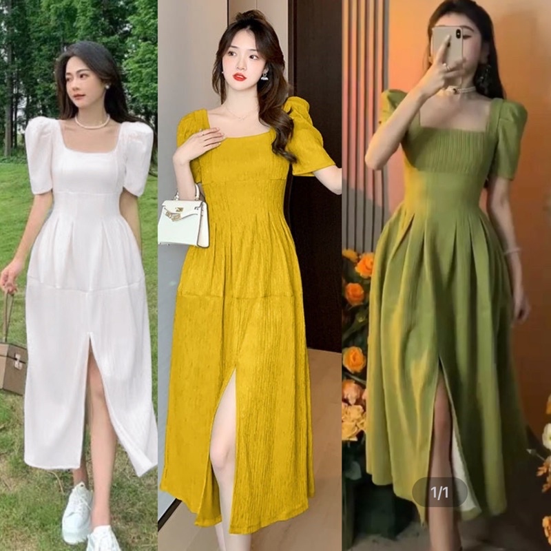 ĐẦM MIDI CỔ VUÔNG TAY PHỒNG GÂN SỌC