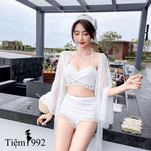 Set bikini 3 món có áo choàng ren sang chảnh hàng quảng châu không lộ bụng