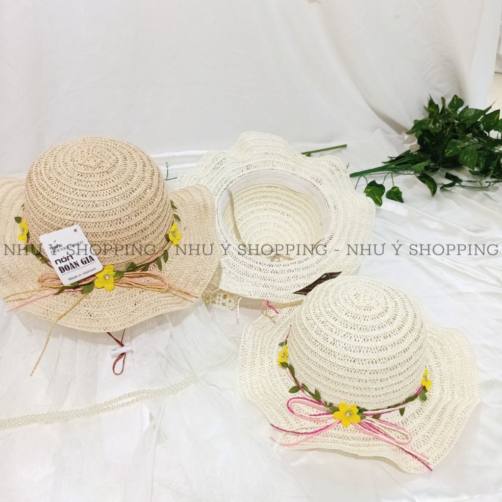 Nón mũ cói mềm vành lượn sóng hoa lá tiểu thư xinh cho bé gái có dây rút điều chỉnh,trên 4 tuổi vừa-q12 sóng bé