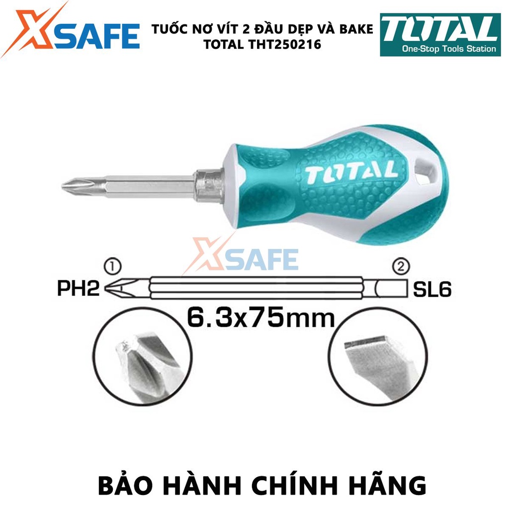 Tuốc nơ vít 2 đầu dẹp và bake TOTAL THT250216 | Bộ tua vít 2 trong 1 kích thước 6.3X75MM, PH2+SL6 chất liệu thép CR- V