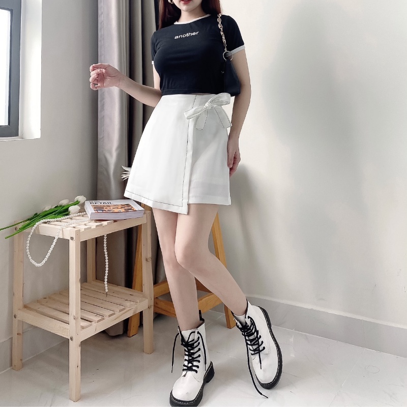 Chân váy ngắn chữ A công sở lưng cao đen trắng viền chỉ nổi phối nơ đơn giản độc đáo sang trọng vô cùng tôn dáng CV02