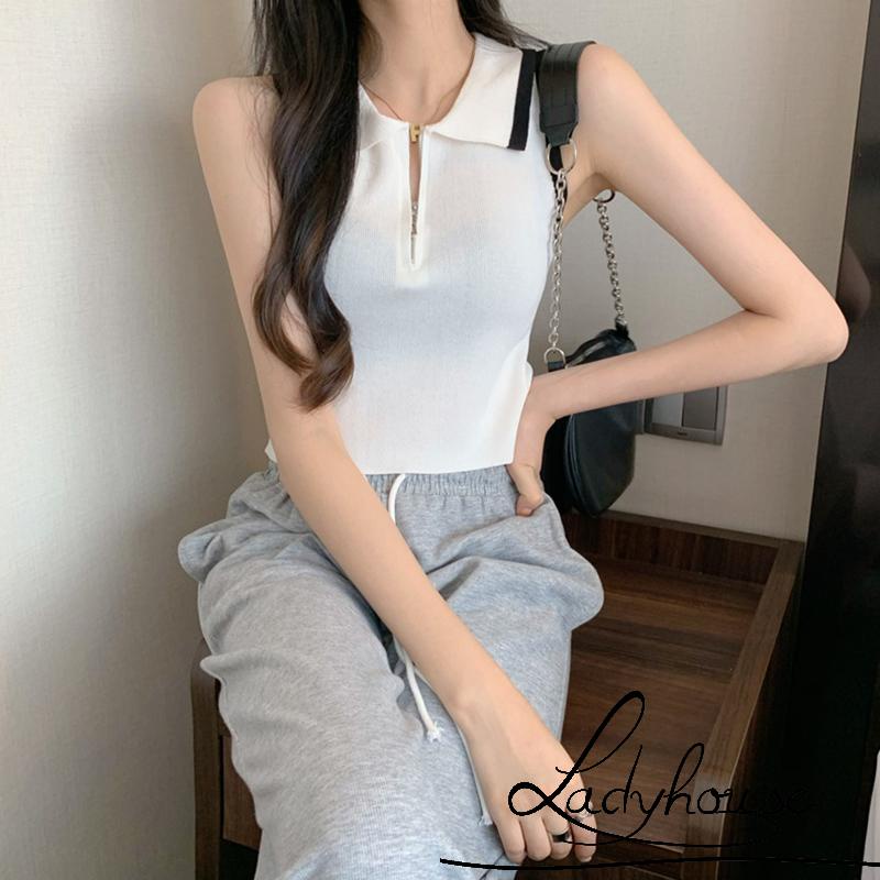 Áo Croptop Sát Nách Cổ Bẻ Cài Khóa Kéo Thời Trang Mùa Hè Cho Nữ