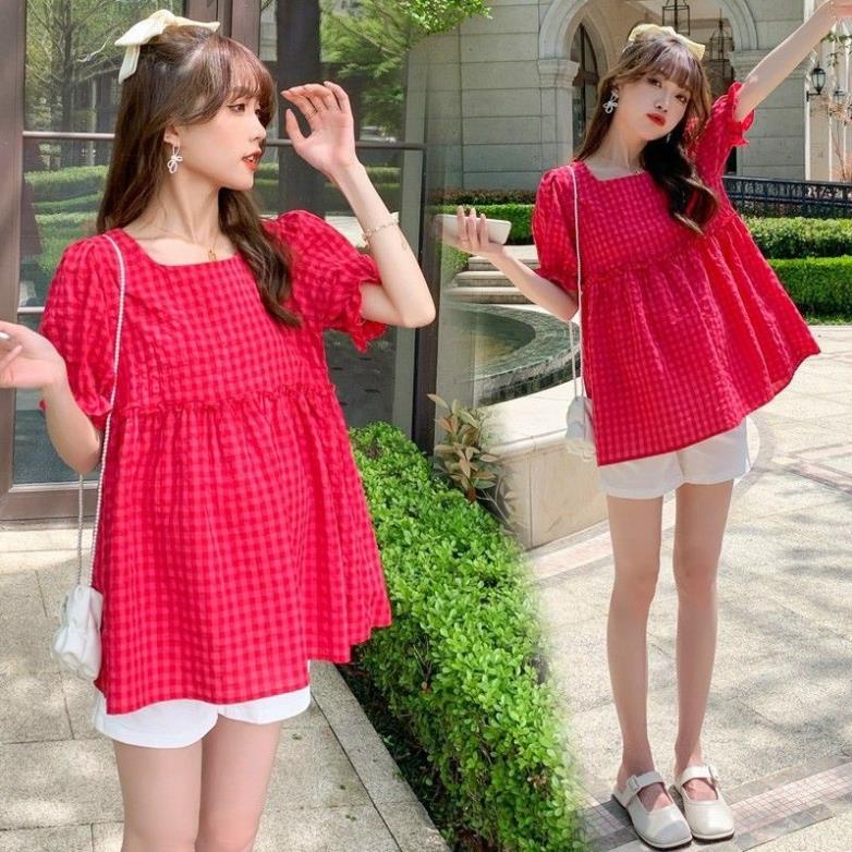 Bộ Đồ bầu babydoll kẻ hồng trẻ trung xinh xắn