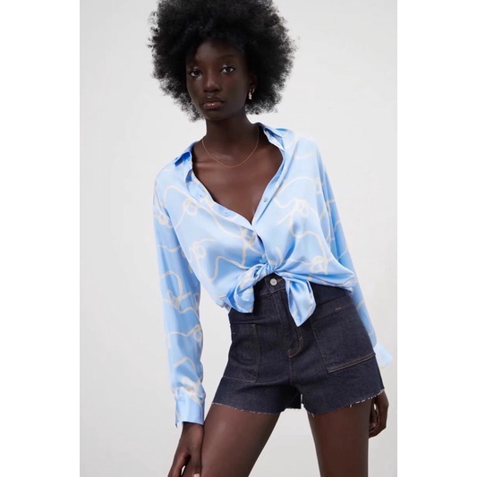 Áo Zara chemise lụa chuỗi xanh AH2SMG43N10