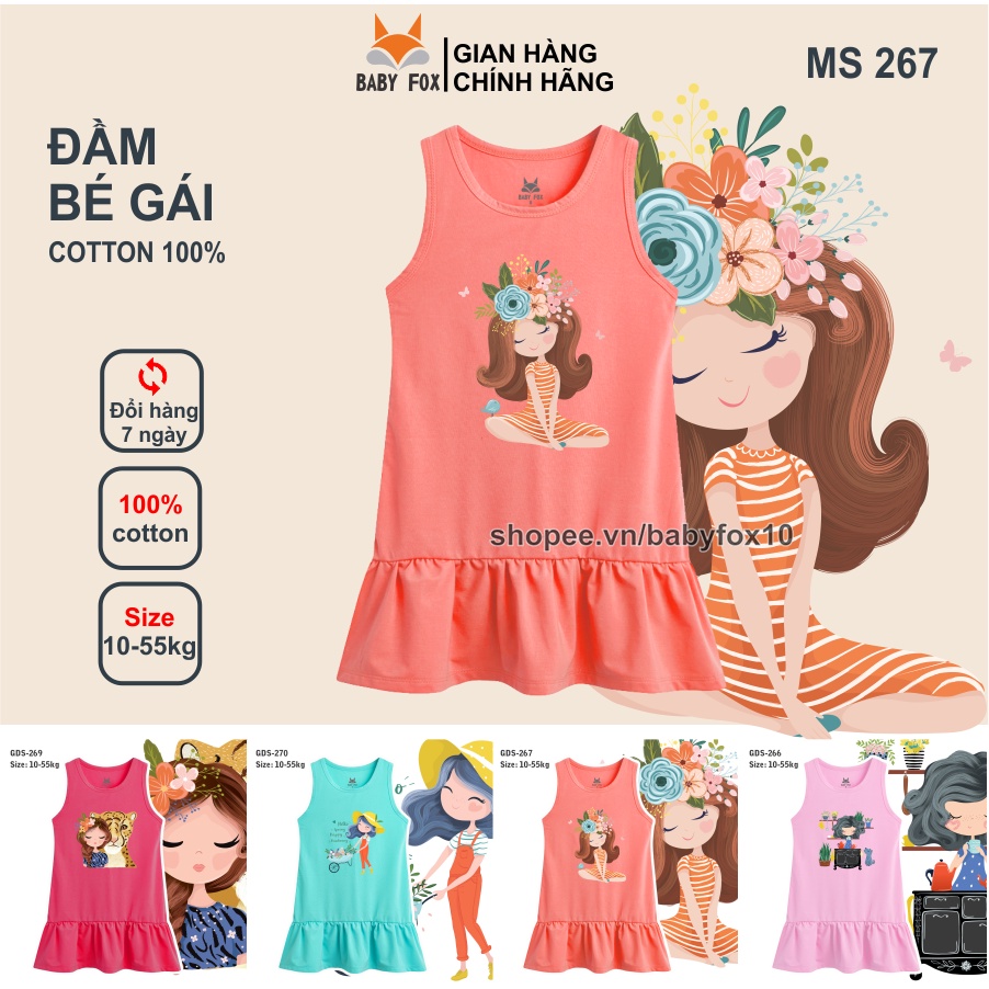 Đầm bé gái 100% cotton loại tốt, thương hiệu BABY FOX, in hình bé gái, size nhỏ, trung, đại  a