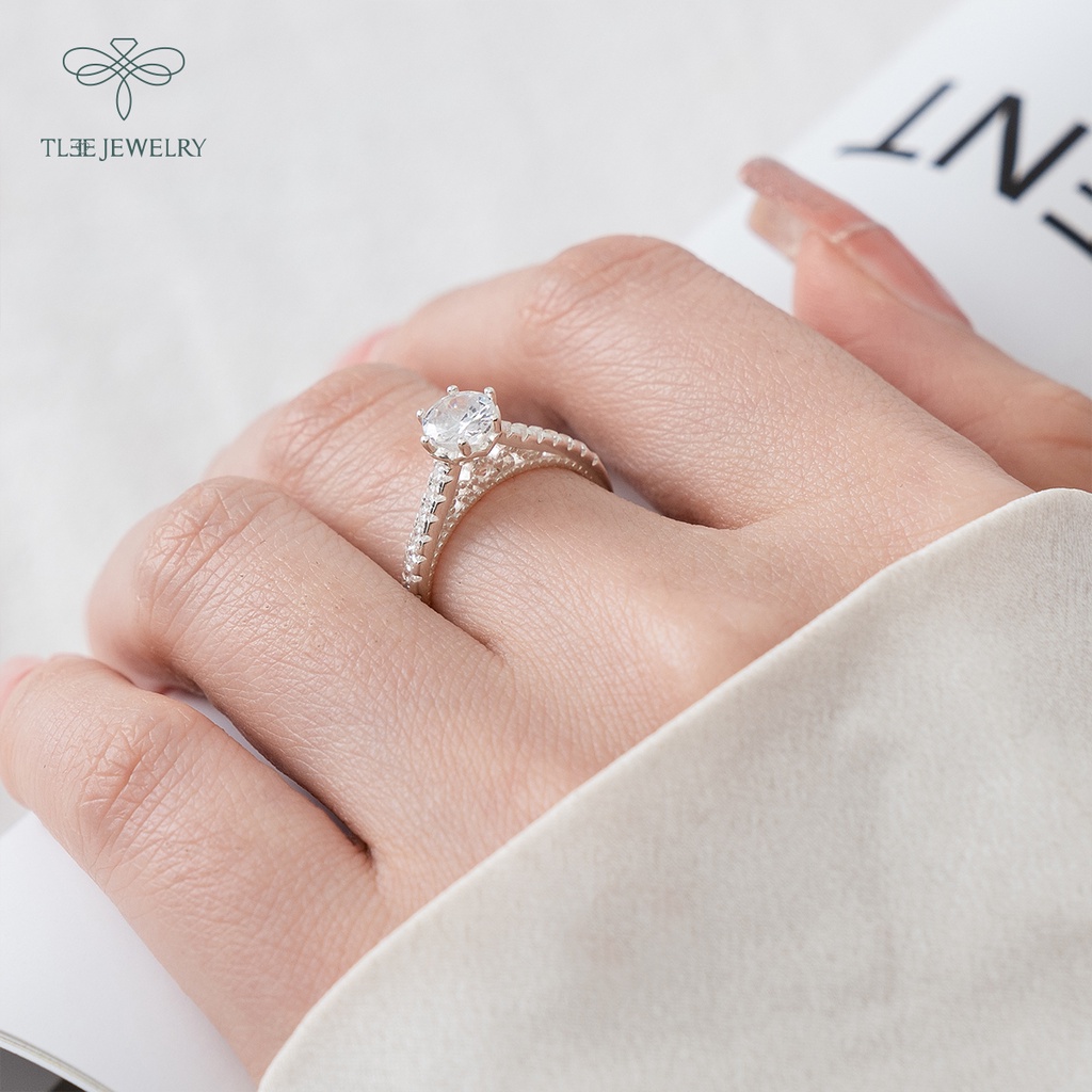 Nhẫn bạc nữ TLEE ổ tròn 6 chấu phối viền đá lấp lánh sang trọng NCJ A0191