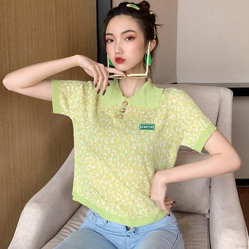 Korean Retro Hit Color Lapel Small Flower Print Knit Bottoming Shirt Women Crop Top
