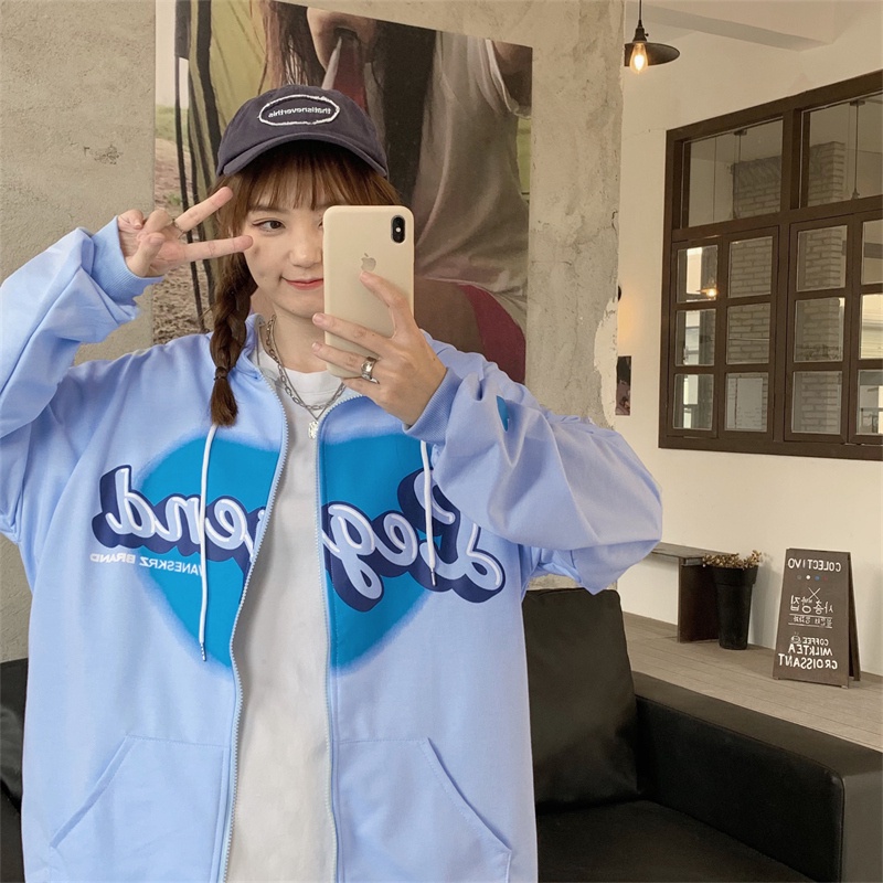 【ZHELIHANGFEI】Áo Hoodie Tay Dài Form Rộng Họa Tiết In Theo Phong Cách Preppy Dễ Phối Đồ