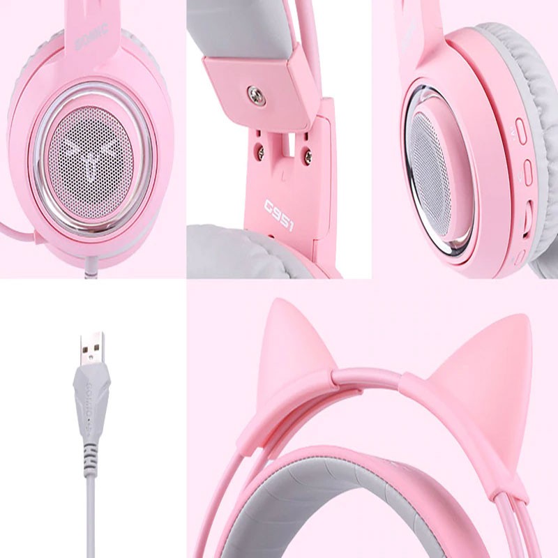 Tai nghe USB sound 7.1 chụp tai chuyên game Somic G951 Pink tai mèo