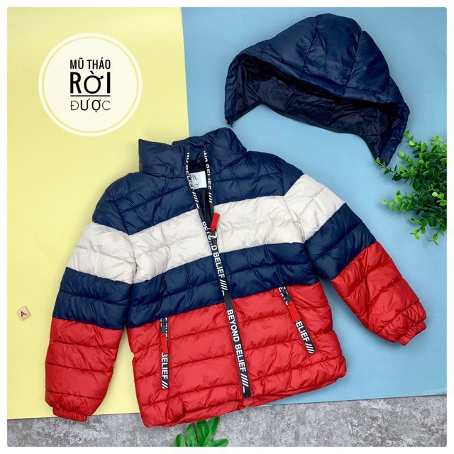 Áo phao thu đông trần bông phối màu, khóa túi, tay bo bé trai size 5/6-13/14, cho bạn từ 25-50kg. Mũ có thể tháo rời