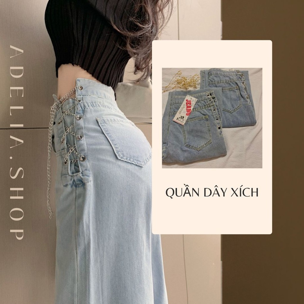 Quần Denim Ống Rộng Lưng Cao Có Dây Xích Thời Trang Mùa Hè 2021 Cho Bạn Nữ, Quần Denim Ulzzang Style Ngọc Trinh