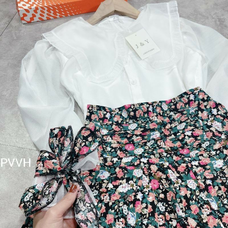 SET ÁO SƠ MI MIX CHANAN VÁY HOA CÓ LÓT MẶC TIỂU THƯ BÁ CHÁY
