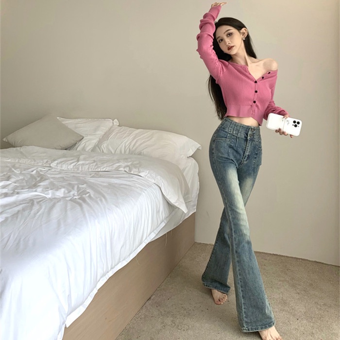 Bộ Áo Dệt Kim Dài Tay + Quần Denim Lưng Cao Thời Trang Dành Cho Nữ