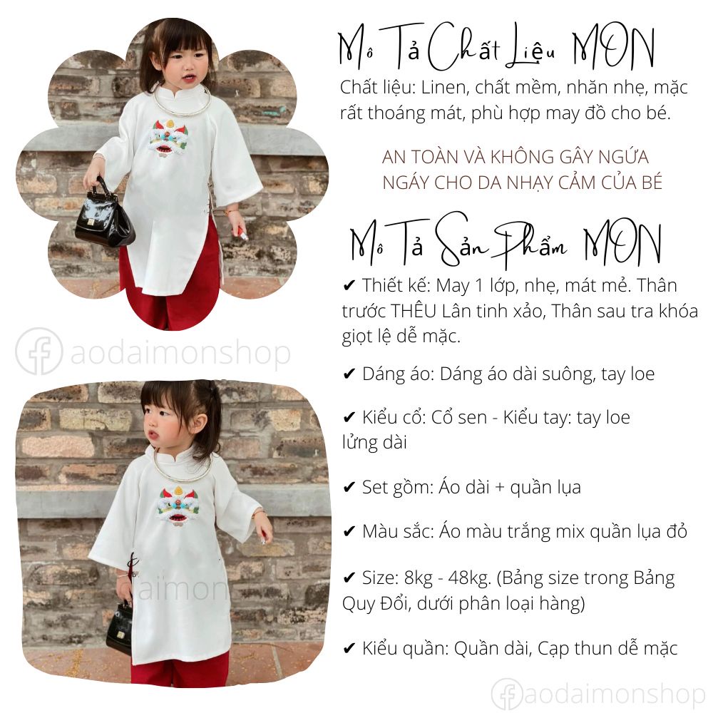 Set Áo Dài Bé Gái Thêu Lân Chất Liệu Linen Thoáng Mát