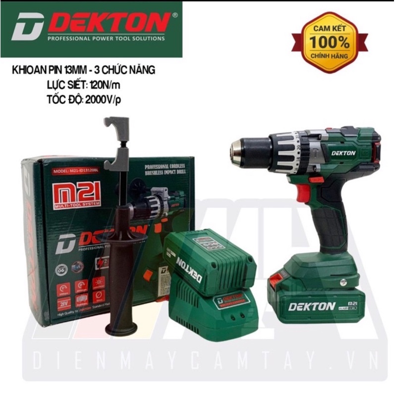 Máy khoan pin DEKTON M21-ID13120Bl - 3 chức năng - pin 21v - 13mm - không chổi than - brushless - chân pin phổ thông