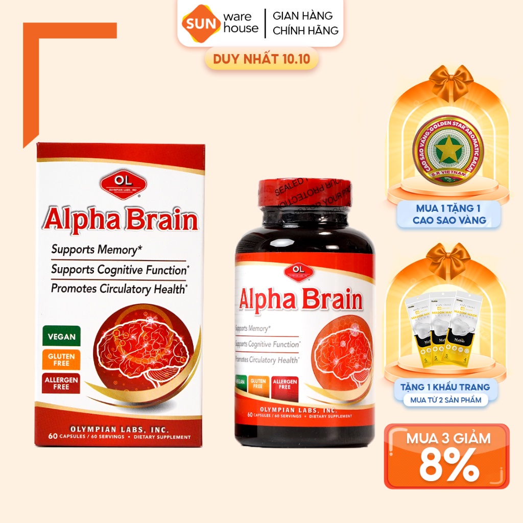 Viên Uống Bổ Não Olympian Labs Alpha Brain Tăng Cường Chức Năng Bộ Não, Hỗ Trợ Tuần Hoàn Não