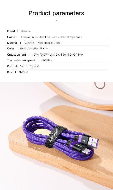 Cáp sạc nhanh Type C Baseus Purple Gold HW Flash Charge Cable(40W, 5A , QC3.0/ Huawei Super Quick charge)